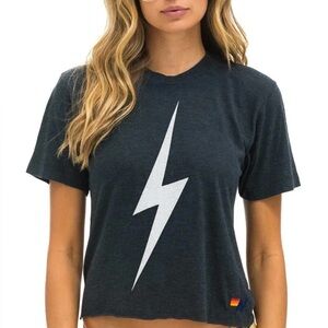 Aviator Nation Charcoal Crop Top with White Lightning Bolt